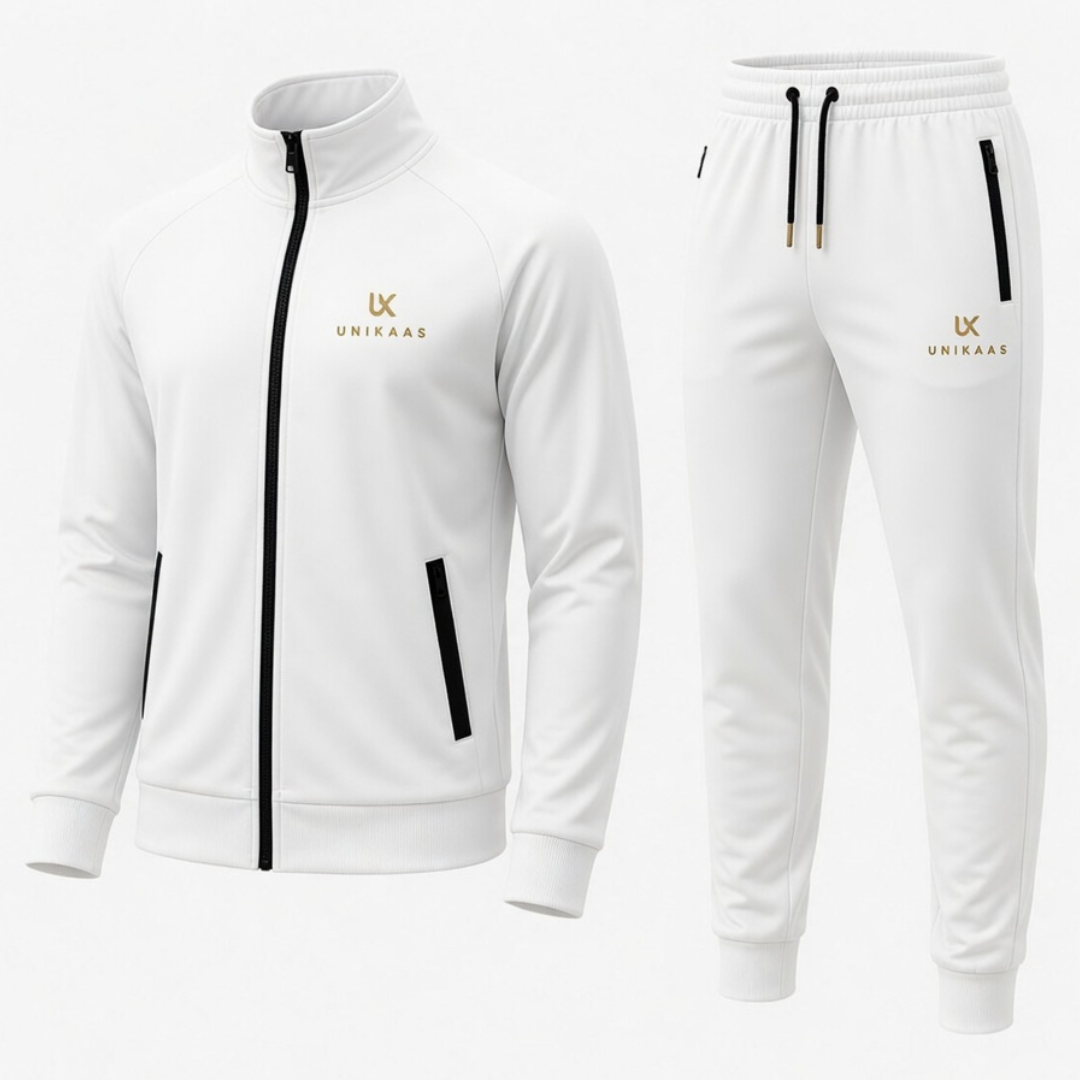 Premium white zipper tracksuit wholesale supplier for UK USA Canada Australia UAE Pakistan bulk orders Unikaas